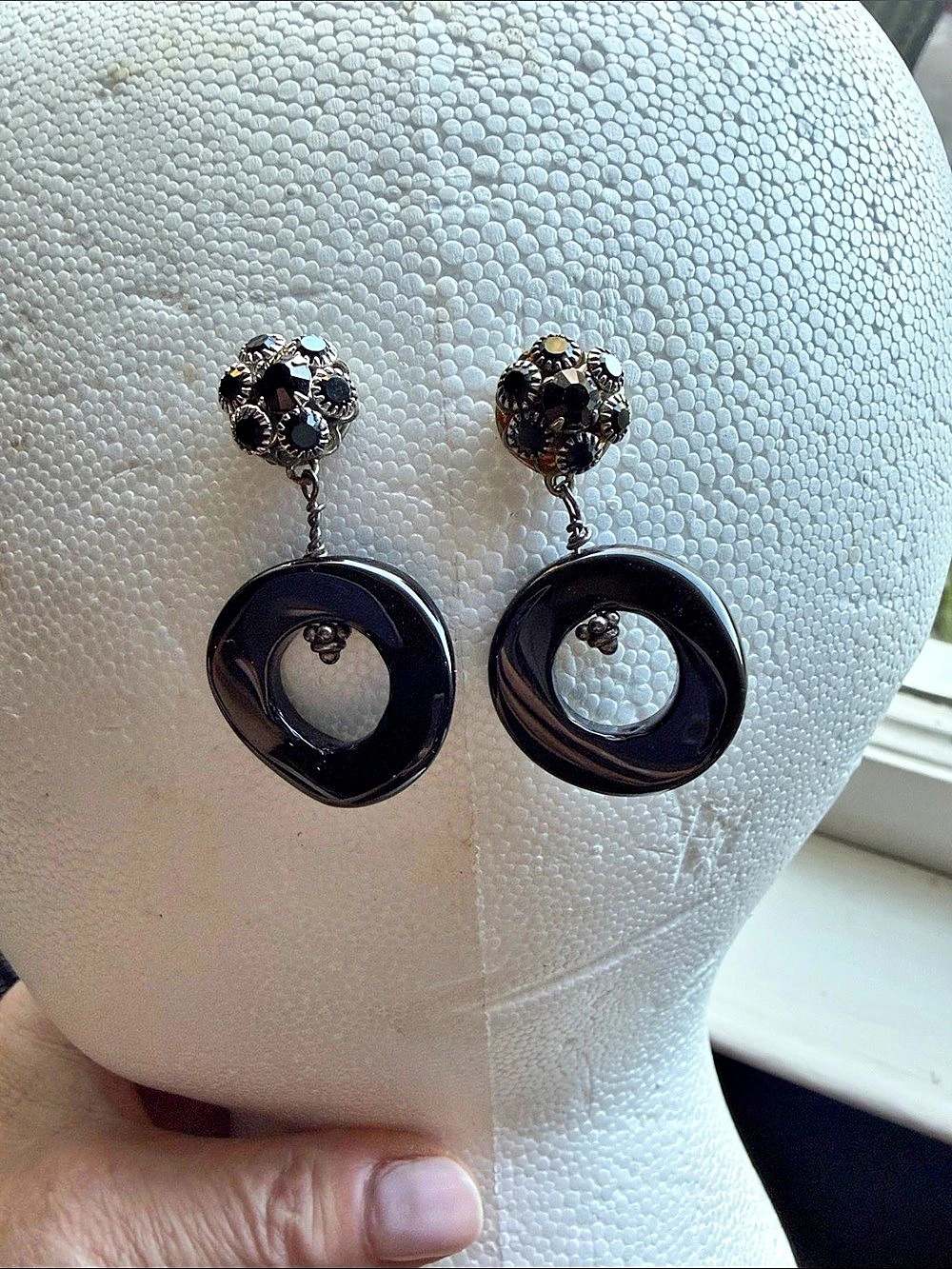 1928 Jewelry Silver Tone Black Open Circle Drop Earrings